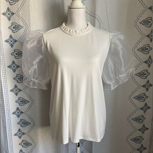 Gibson look Ruffle Top With Organza Puff Elbow Sleeve